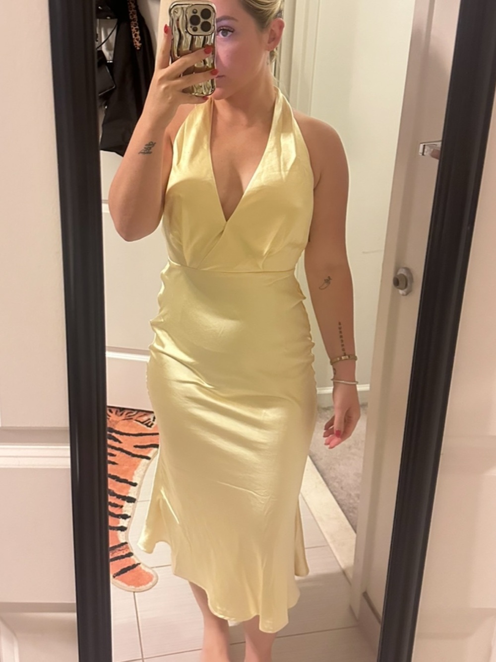 Meshki Pale Yellow Satin Backless Halter Midi Dress